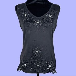 Sassy Thai Y2K Womens Blk 100% Cotton Knit Tank Top with Floral Hand Beading